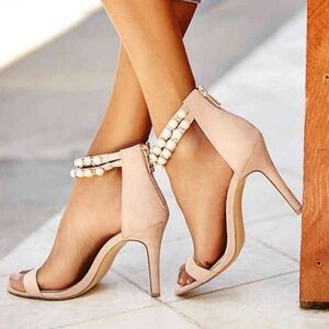 Jessica Simpson Jalinda Sandal Heel Size 7 1/2 Blush w/ Pearls on Ankle Straps